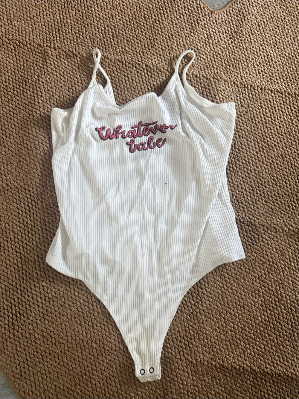 Express White Ribbed Bodysuit with Pink Script Embroidery